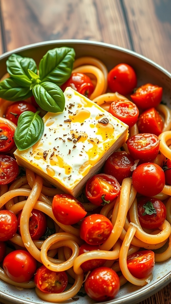 Baked feta and tomato pasta with roasted tomatoes and fresh basil on a rustic wooden table.